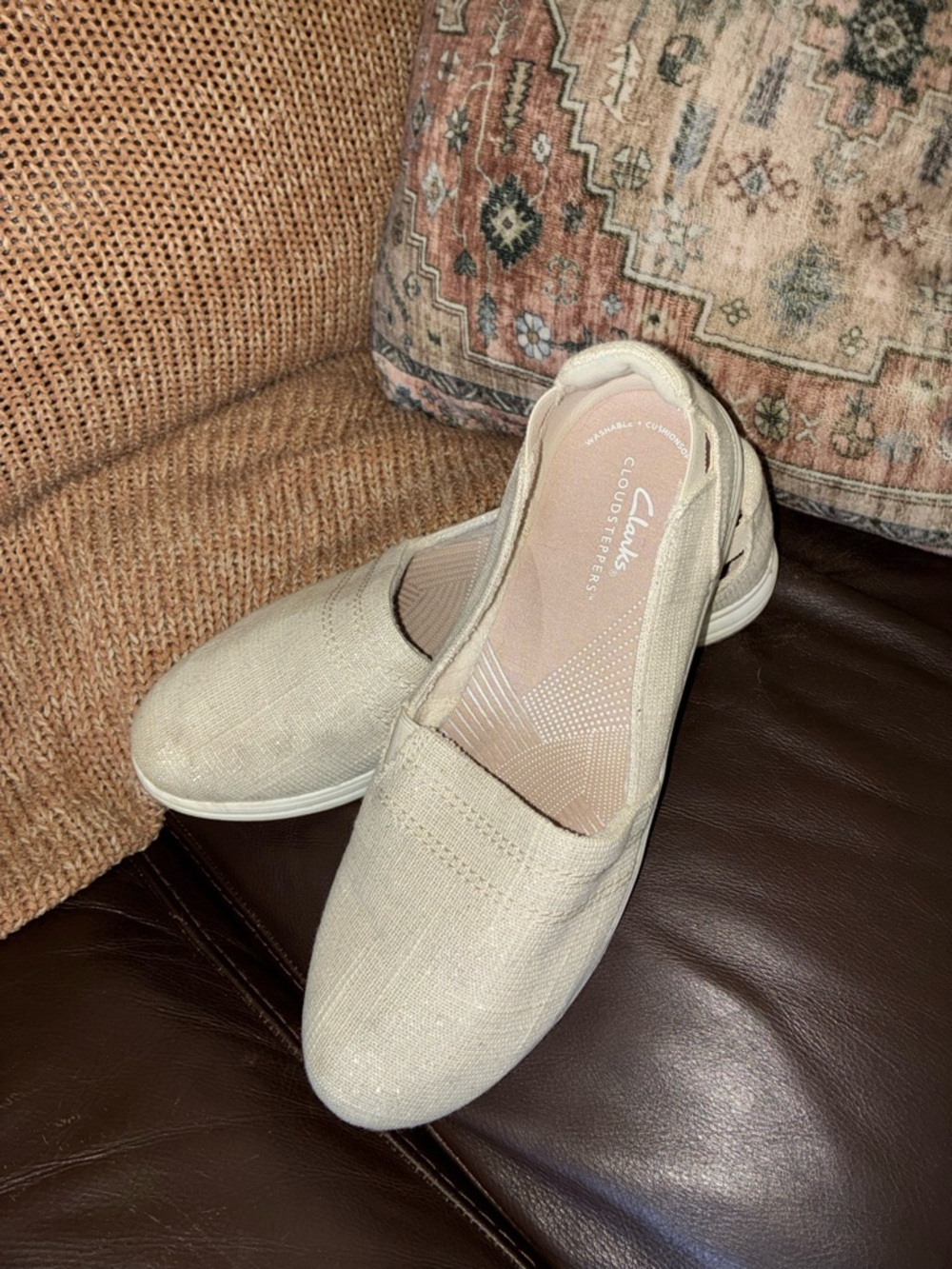 Clarks Women’s Beige Slip-On Cloudsteppers Flats